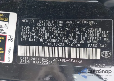 2009 Toyota Camry Le z USA, uszkodzony, nr VIN 4T1BE46K29U346028